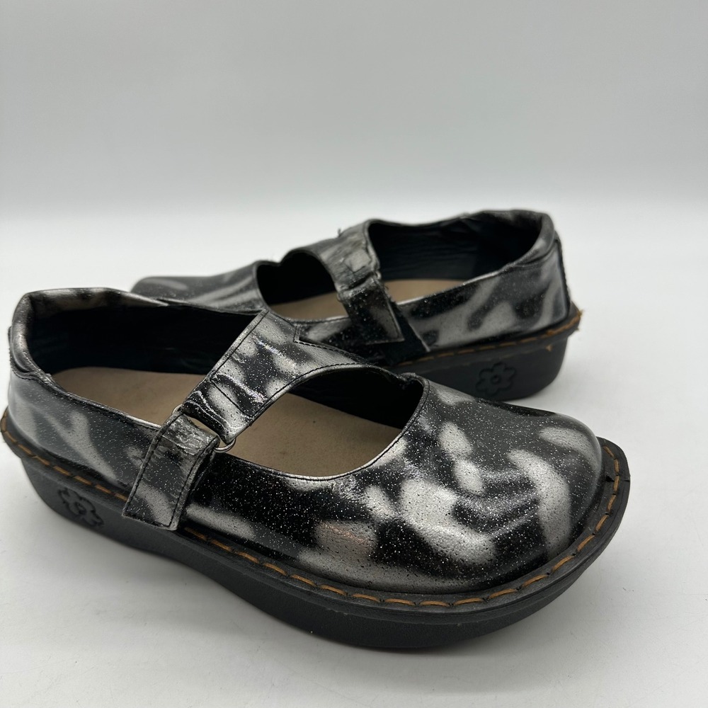 Ingar Dinah 19 Womens 8.5 M Mary Jane Shoes Silver Black Metallic Glitter Clogs